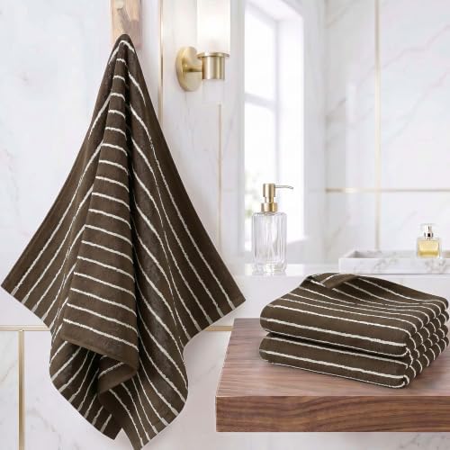 Striped Cotton Hand Towels, Quick Dry, Set of 2,15x28 (Brown)