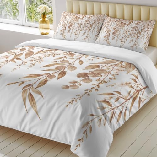 Duvet Cover King Size, Brown Eucalyptus Leaves 3-Piece Bedding