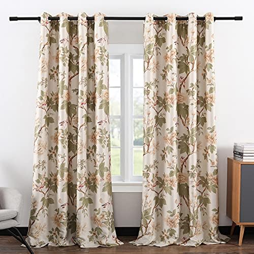 VOGOL Beige Floral Print Grommet Blackout Curtains, 52 x 63, 2 Panels