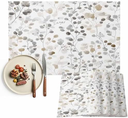 Placemats Set of 8, Grey Brown Botanical Cotton Linen Place Mats