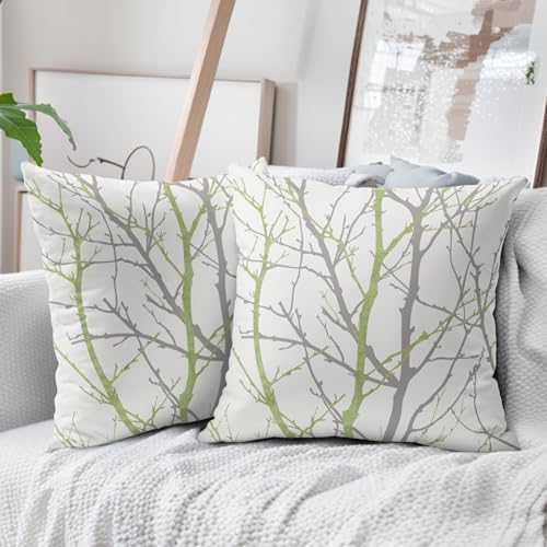Sage Green Gray Tree Pillow Covers 18x18 Inch Grey Green Branch Print