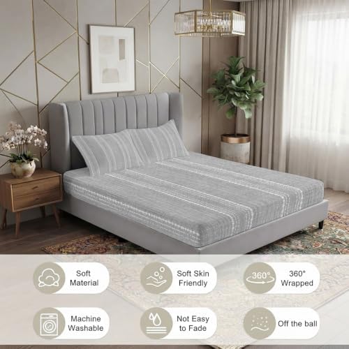 Queen Fitted Sheet Deep Pocket, Modern Minimalist Gray Stripes Soft