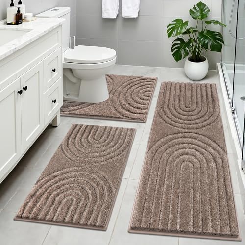 HEBE Bathroom Rugs Set 3 Piece, Non Slip Washable Microfiber Bath Mats