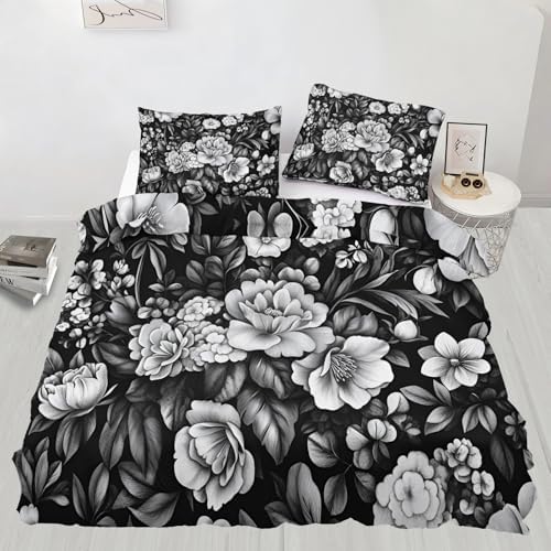 Florals Comforters Queen Size, Gray Flower Bedding Sets, Boho Floral