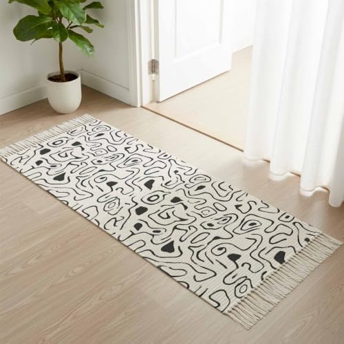 Abstract Boho Hallway Runner Rug 2'x5', Modern Fluid Lines Black Gray