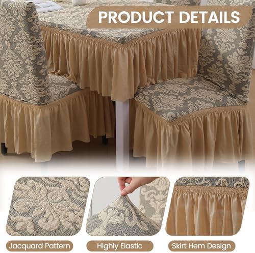 Rakila 4PK Jacquard Stretch Dining Chair Covers with Skirt Beige