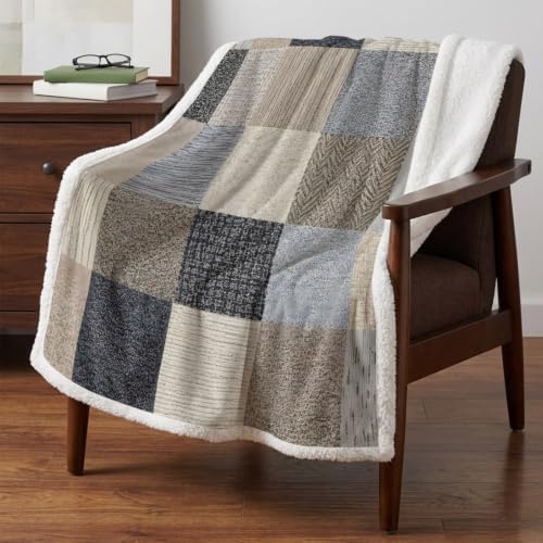 Khaki Grey Woven Sherpa Fleece Throw Blanket Modern Minimalist