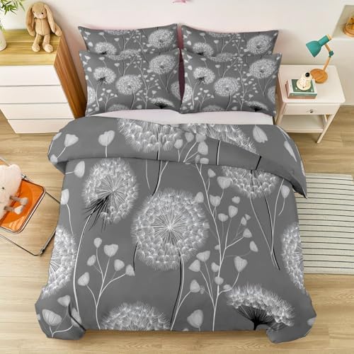 King Duvet Cover Set Plants Dandelions Branches and Leaves Grey