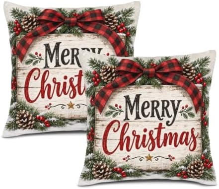 House Plaid Pillow Covers 22x22 Inch Set of 2 Linen for Christmas