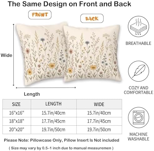 Cream Ivory Wildflower Throw Pillow Covers 18x18 Set of 2, Meadow