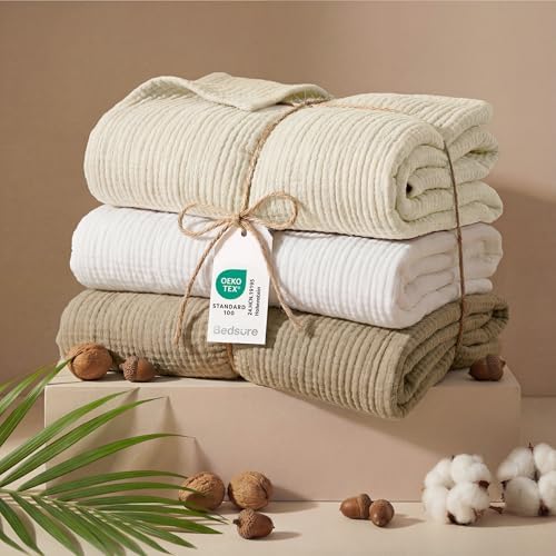 Bedsure 100% Cotton Muslin Blanket Queen Size for Bed, 4-Layer, White