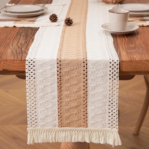 Boho Table Runner with Tassels 108 Inches Long Farmhouse Rustic Cream