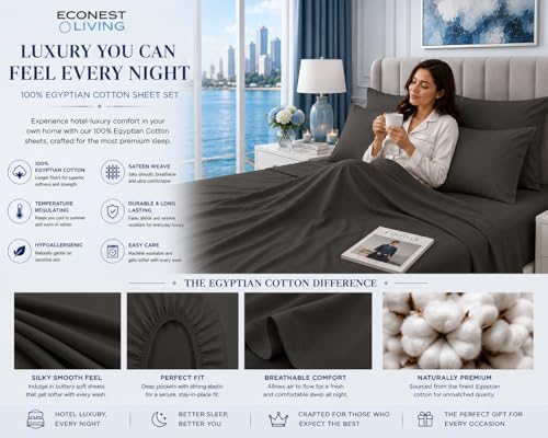 100% Egyptian Cotton King Size Sheets Set, 6-Pc King Bed Sheets, Dark
