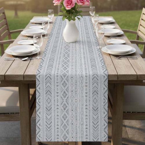 Slate Gray Boho Table Runner 108 Inches Long, Ethnic Tribe Warm