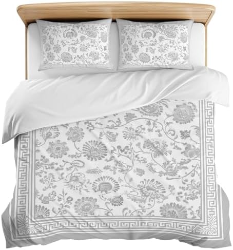 3 Pieces Bedding Set Queen Size, Grey Floral Soft Duvet Covers Set