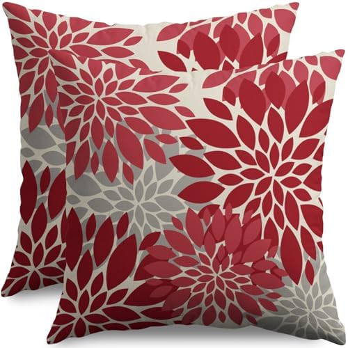 Red Christmas Pillow Covers 18X18 Inch Set of 2, Dahlia Flower Spring