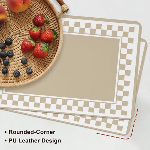 Taupe Checker Frame Leather Placemats Set of 6,12x18 Inch,Vintage