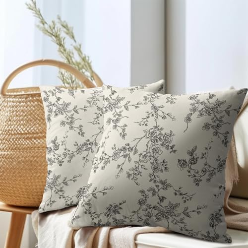 Floral Pillow Covers 20x20 Inch Black and Cream Outdoor Decorative