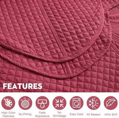 Oversized King Bedspreads 128x120, Stitched Paisley, Wine Red