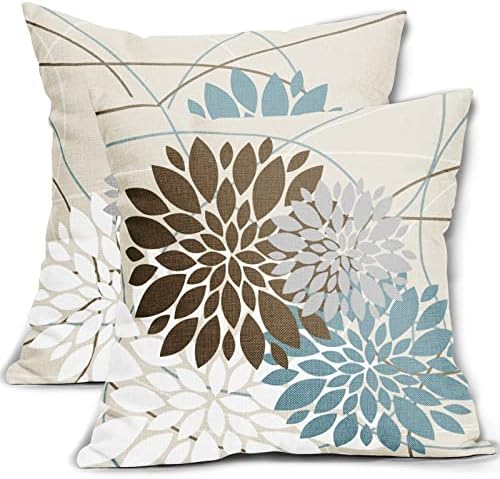 Brown Blue White Grey Gray Flower Pillow Covers 22x22 Set of 2 Dahlia