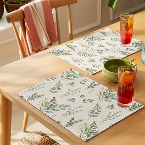 Placemats Set of 8, Green Botanical Woven Placemat, Linen Place Mats