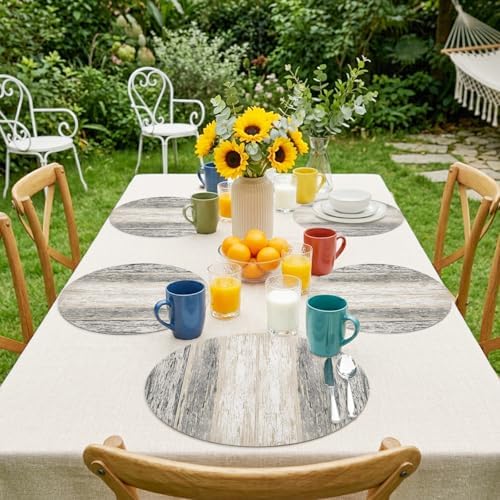 Vintage Wood Planks Faux Leather Placemats Set of 6, 15in, Waterproof