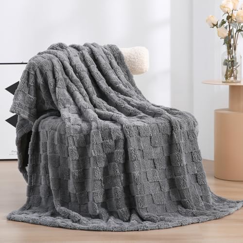 Grey Fleece Throw Blanket 50”×60”Checkered Design for Couch Sofa