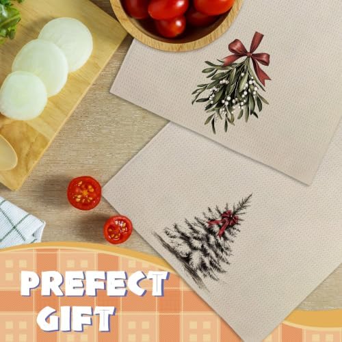 Vintage Beige Christmas Tree Mistletoe Kitchen Towels, 16"x24"