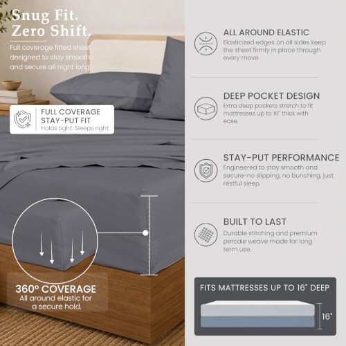 ZOYER 100% Cotton Percale King Sheets, Percale Weave, Smoked Pearl