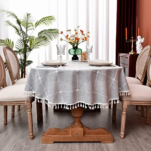 Plaid Farmhouse Gray Oval Tablecloth Cotton Linen Heavy Weight