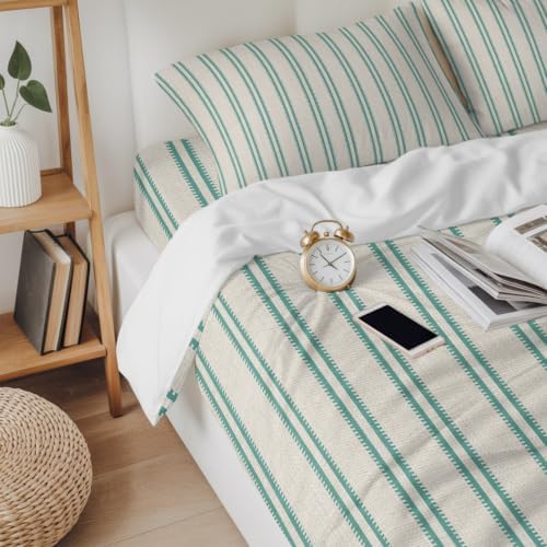Green Ticking Stripe California King 4 Piece Duvet Cover Set