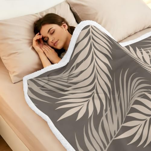 Fleece Sherpa Bed Blankets, Rustic Palm Leaves Microfiber Plush