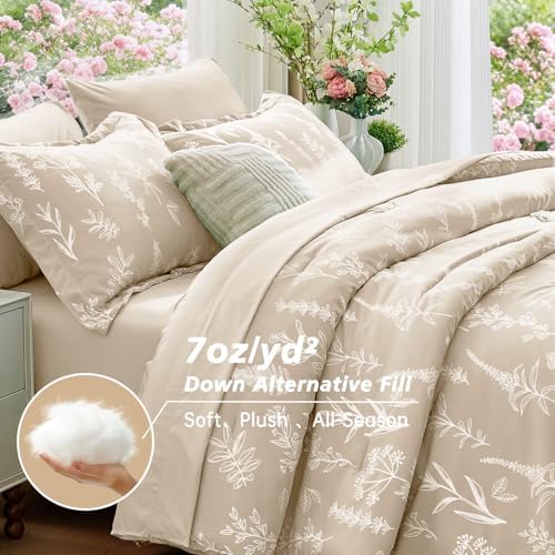 MUXHOMO King Comforter Set, 7-Piece Floral Bed in a Bag, Beige