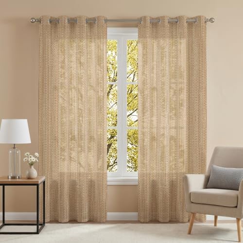 Sand Brown Sheer Curtains 84 Inch Long 2 Panels, Country Vintage