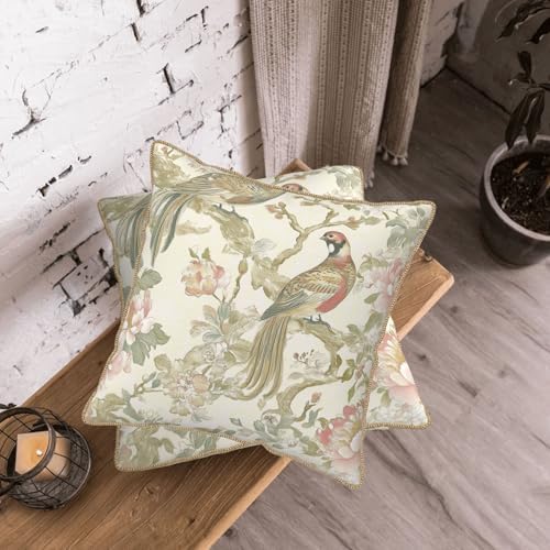 Vintage Bird Floral Soft Velvet Throw Pillow Covers Set of 2 Cream
