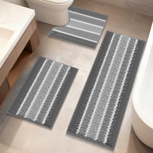ArtyCozy Chenille Bathroom Rugs 3 Pieces, Grey, 17"×24", 20"×48"