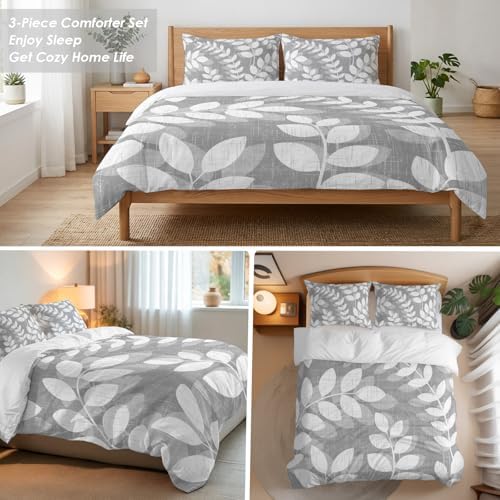 3 Pieces Bedding Set King Size, Gray Leaves Soft Duvet Covers Set with