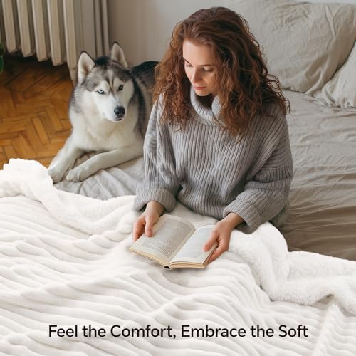INFIIXSO Striped Sherpa Throw Blanket for Couch, Warm Plush, White