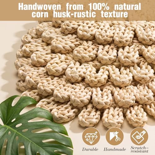 Set of 8 Round Woven Placemats Corn Husk 11.8'', Ruffled