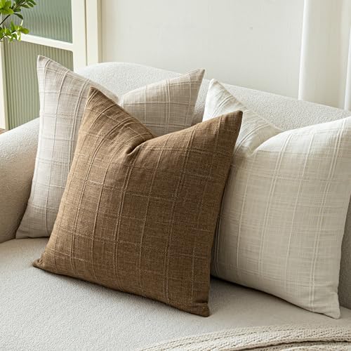 FEVERQIYI Set of 2 22x22 Brown Cotton Linen Plaid Pillow Covers