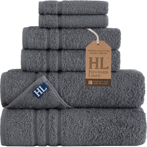 Hawmam Linen Towel Set, Turkish Cotton, 6 Pack, Cool Grey