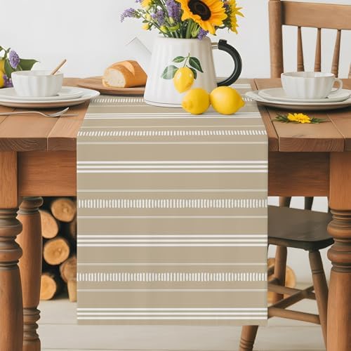 Boho Beige Table Runners 108 Inches Long, Cotton Linen Fabric Table