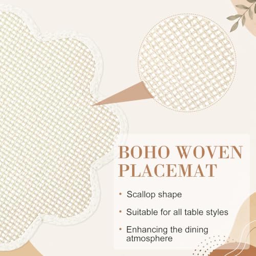 8 Pcs 15" Scalloped Woven Placemat Wavy Border Design, Beige