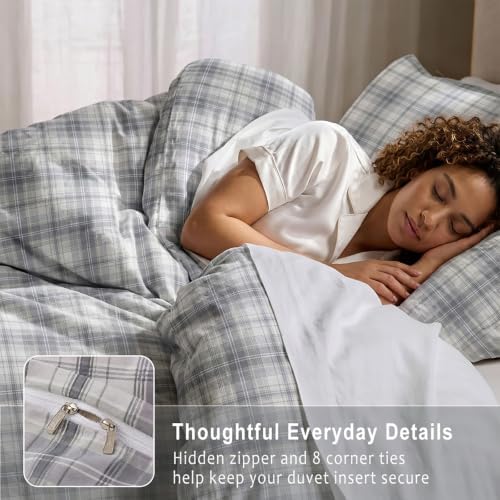 Plaid Duvet Cover Set Queen Size, 100% Cotton Duvet Cover Set, Gray
