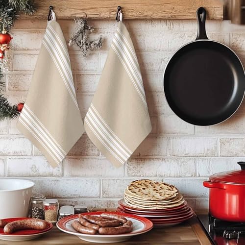 LooPoP Kitchen Towels Set of 3 Khaki Stripes Dish Towels and