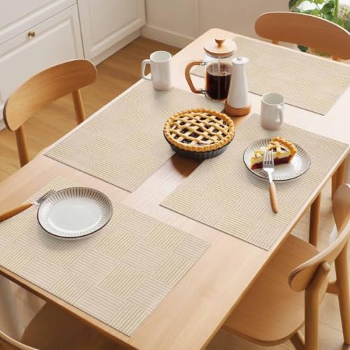 Minimalist Woven Strips Placemats Set of 8, Farmhouse Basket Beige
