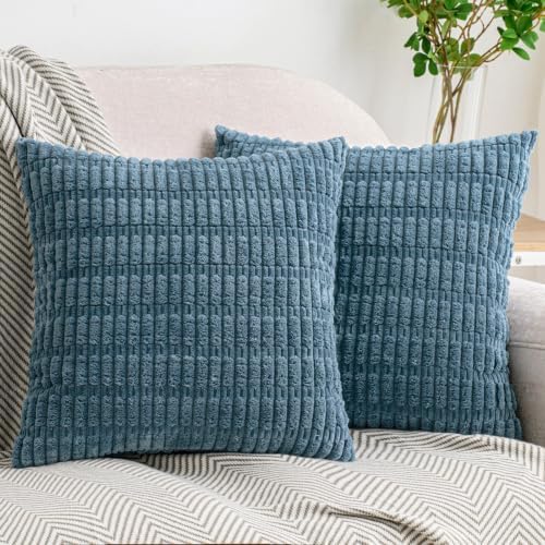 HWY 50 Soft Corduroy Throw Pillow Covers 20x20 cm Blue Pack of 2