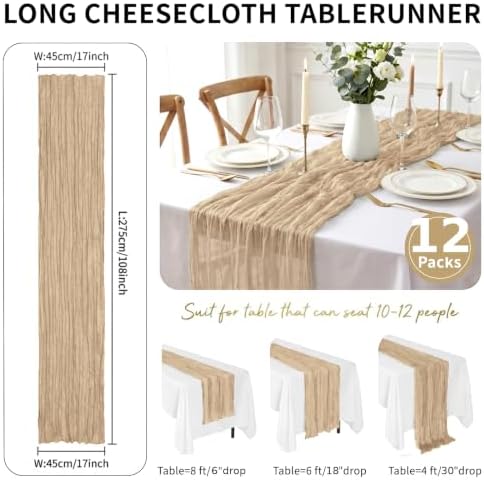 12 Pack Beige Cheesecloth Table Runner 9FT 17x108 Inch, Boho Sheer