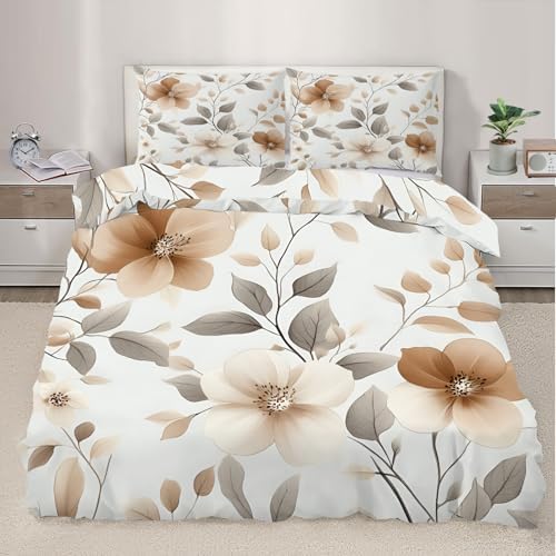 Vintage Floral Duvet Cover Queen Size, Tan Beige Flower Bedding Set