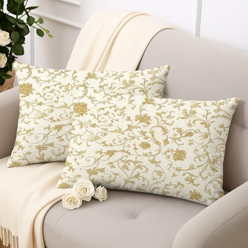 Elegant Floral Pillow Covers Set of 2, Cream and Gold Decorative